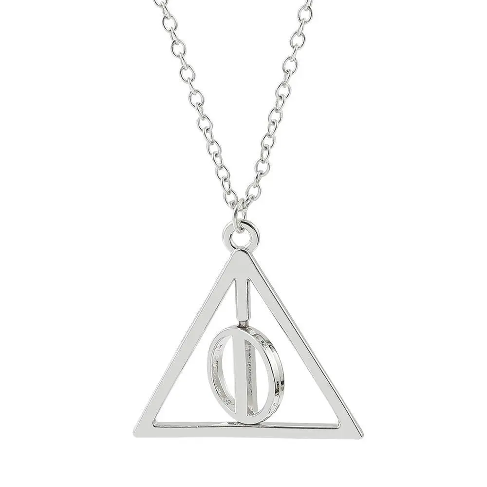 Silver Rotatable Deathly Hallows Triangle Pendant Necklace, European-American Anime Character Movie Fashion Jewelry, Cosplay Style Chain Jewelry, Cosplay Style Necklaces, Chain Jewelry Necklaces