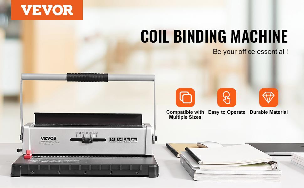 VEVOR Coil Spiral Binding Machine, Manual Book Maker 34-Holes Binding 120 Sheets, Punch Binder with Adjustable 3/16 - 9/16 Coil Binding Spines and Side Margin, for Letter Size, A4, A5