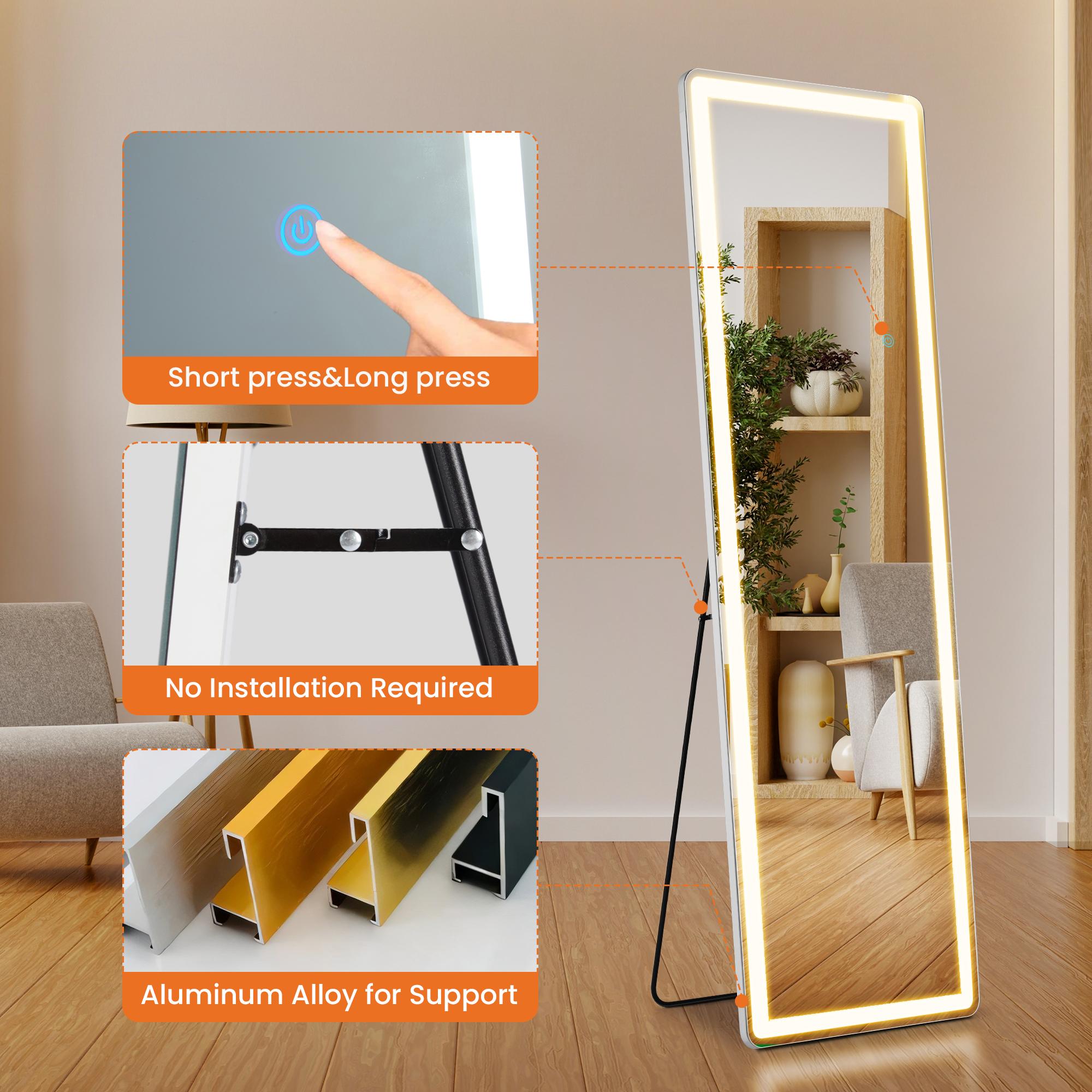 Full Length LED Vanity Mirror with Stand, Dimmable 3 Color Lighting, Wall Mount or Floor Use Aluminum Alloy Frame Durable Glass Mirror with Switch for Bedroom Living Room Decor Standing