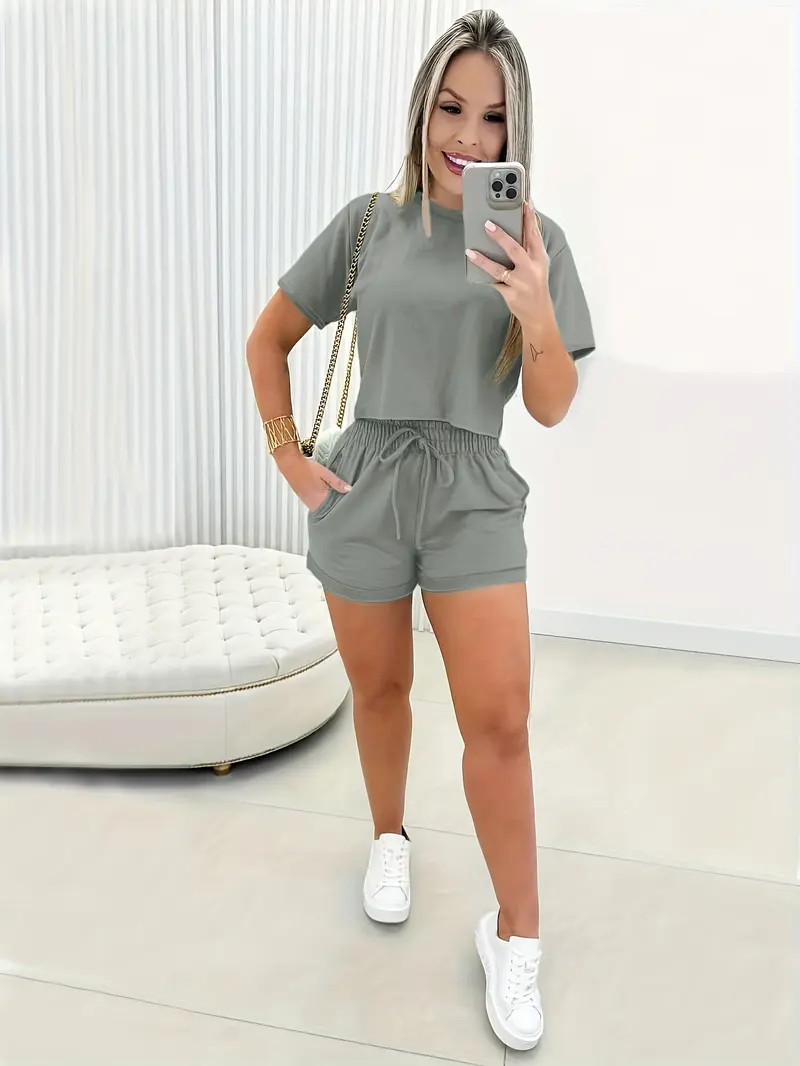 Two-Piece Set Women's Solid Color Short Sleeve Crop Jersey Tee & Elastic Waist Tie Front Shorts Set, Casual Round Neck T-Shirt & Pocket Shorts for Summer, Summer Outfits 2026, Ladies Clothes for Daily Wear, Two Pieces Outfits Two-Piece Set Women's Solid Color Short Sleeve Crop Jersey Tee & Elastic Waist Tie Front Shorts Set, Casual Round Neck T-Shirt & Pocket Shorts for Summer, Summer Outfits 2026, Ladies Clothes for Daily Wear, Two Pieces Outfits