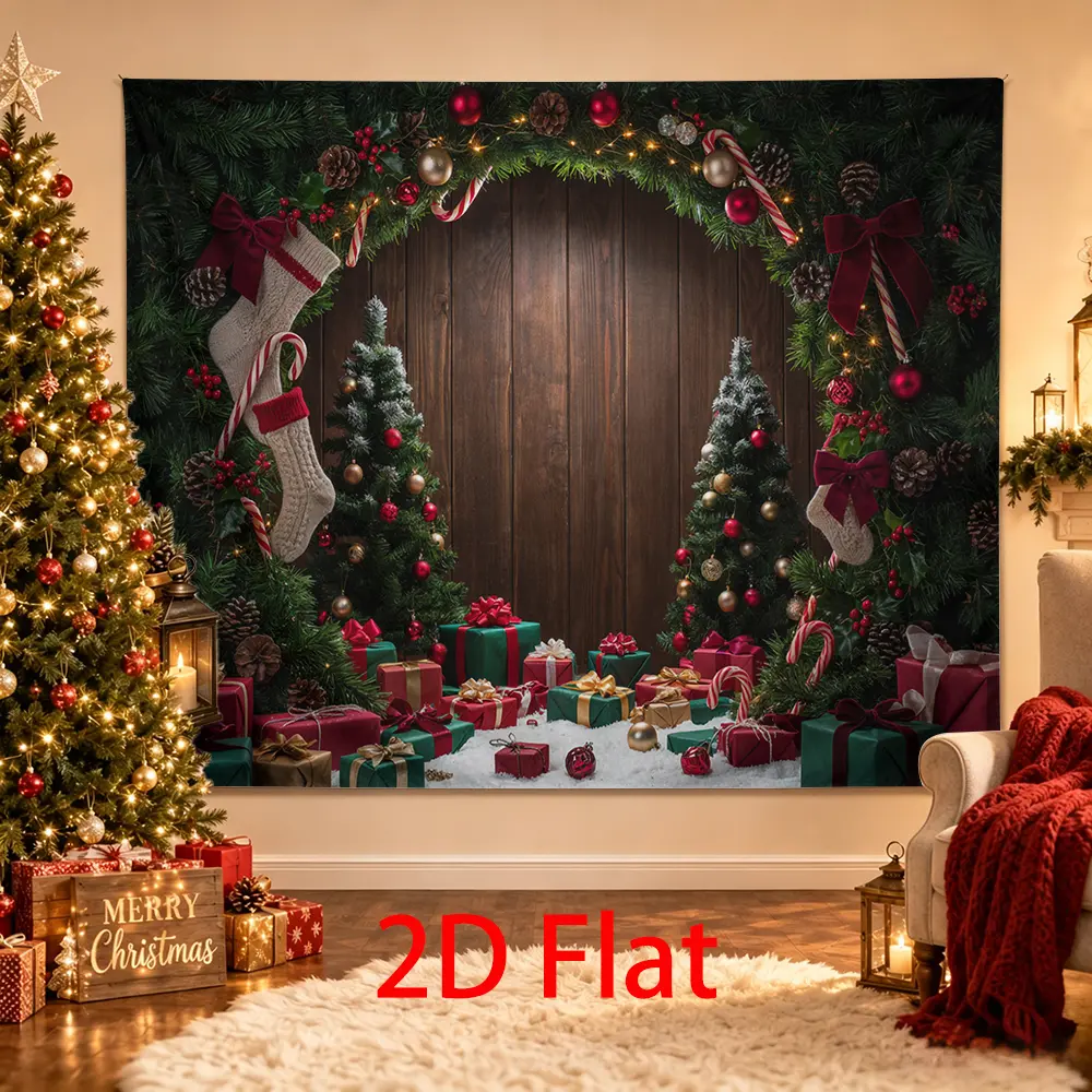 Red Green Christmas Backdrop, Wood Wall Gifts Trees Stockings Holiday Photo Background