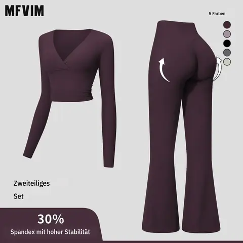 MFVIM Women's 2-Piece Yoga Set - Deep V Twist-Knot Long-Sleeve Crop Workout Top & High-Waisted Butt-Lifting Flared Pants for Women, Soft Nude-Feel Fitness Sportswear Trendy Clothing Set, Fitness Sportswear Set