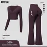 MFVIM Women's 2-Piece Yoga Set - Deep V Twist-Knot Long-Sleeve Crop Workout Top & High-Waisted Butt-Lifting Flared Pants for Women, Soft Nude-Feel Fitness Sportswear Trendy Clothing Set, Fitness Sportswear Set