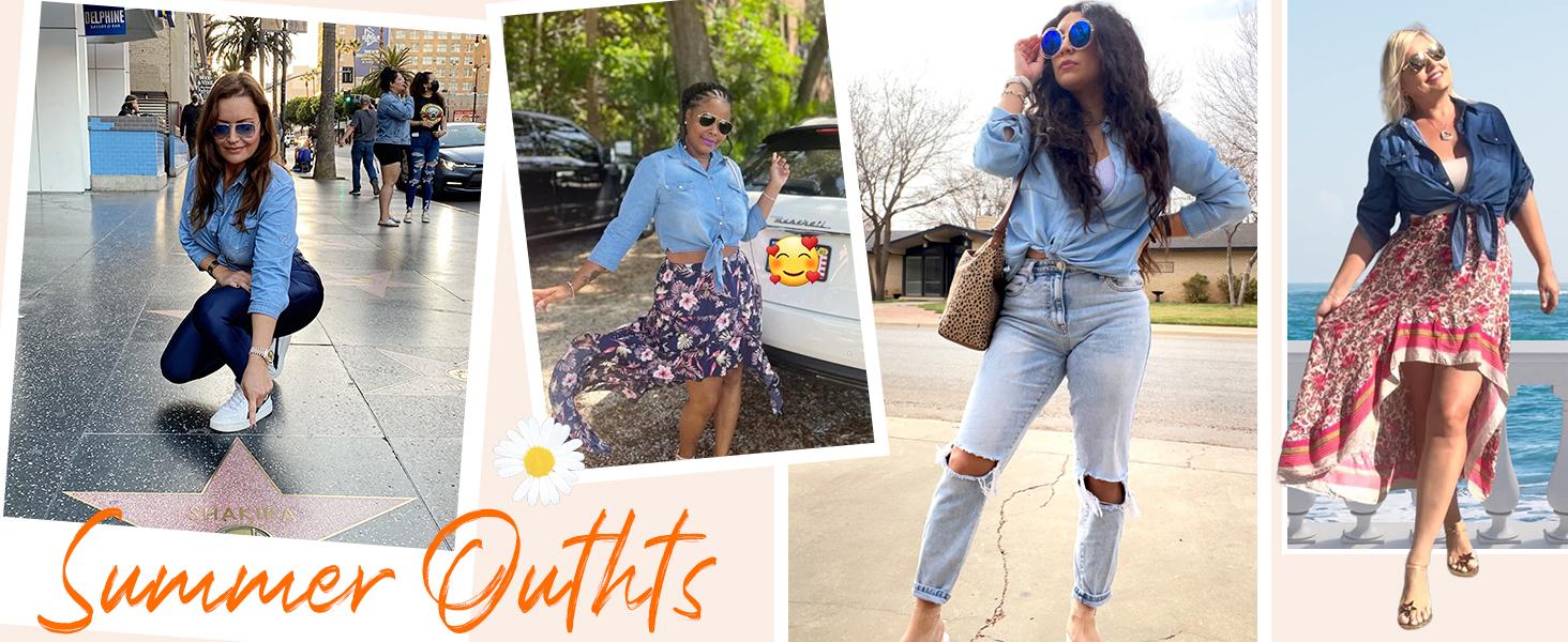 Tanming Women's 3/4 Sleeve Denim Tie Knot Crop Top | Y2K Western Button Down Shirt for Summer Outfits