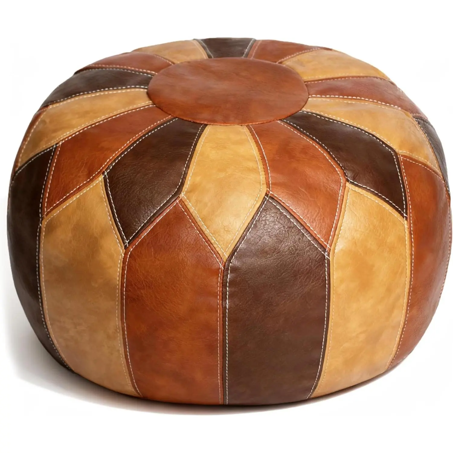 Unstuffed Moroccan Faux Leather Pouf Ottoman Cover with Storage - Boho Chic Multi-Use Footrest for Living Room, Bedroom, Patio - Round Ethnic Floor Cushion & Decorative Accent, Tricolor