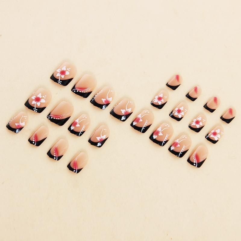 24 pieces short square black French blush flower press on nails press on nail art decals fake nails Flower Design Nails French Tips Nails