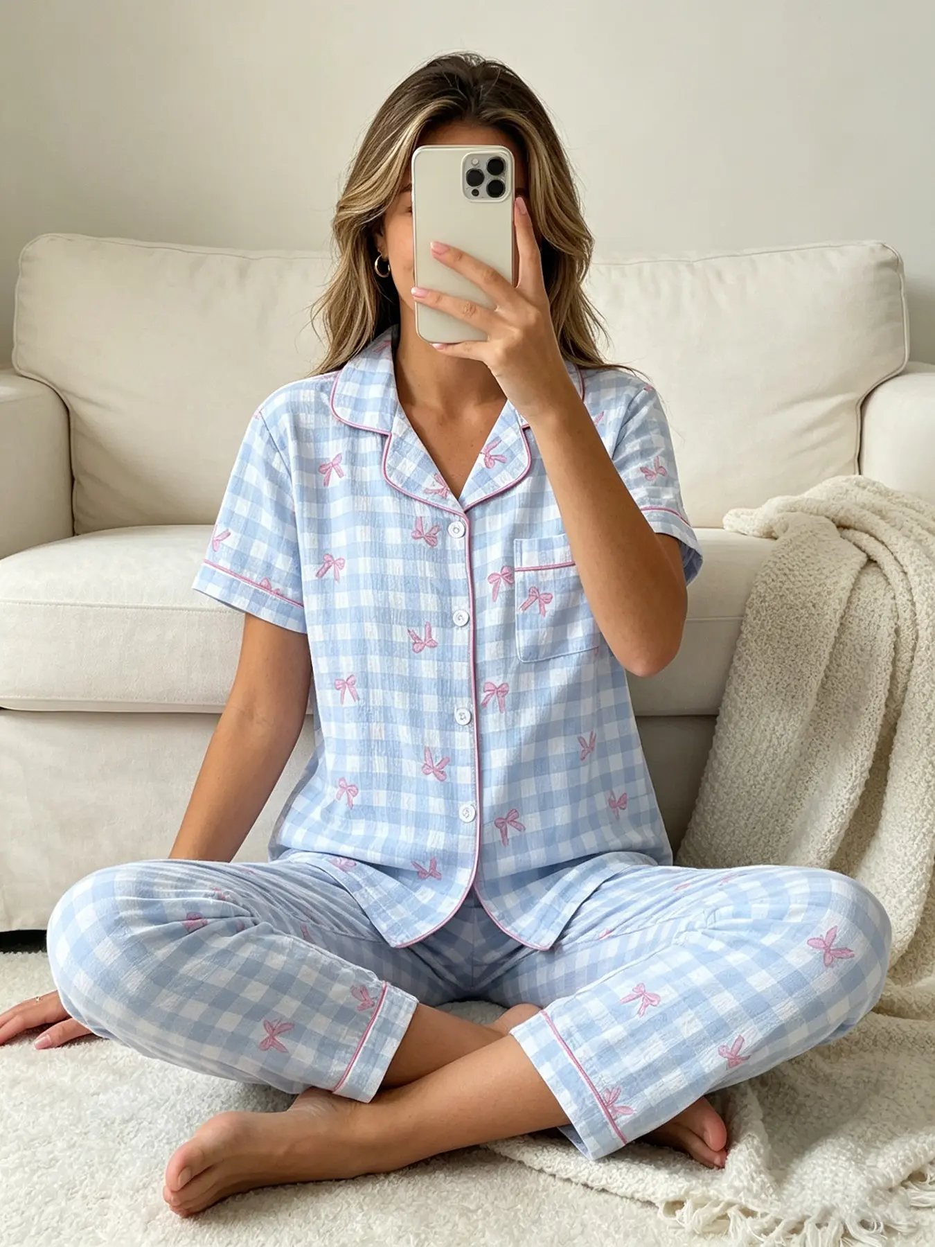 Women's Short Sleeve Button Down Top and Pants Pajama Set, Matching Pj Set, Light Blue Gingham Preppy Bow Print, Classic Lapel Collar Loose Fit Loungewear, All Season Comfortable Wear for Study & Relaxing