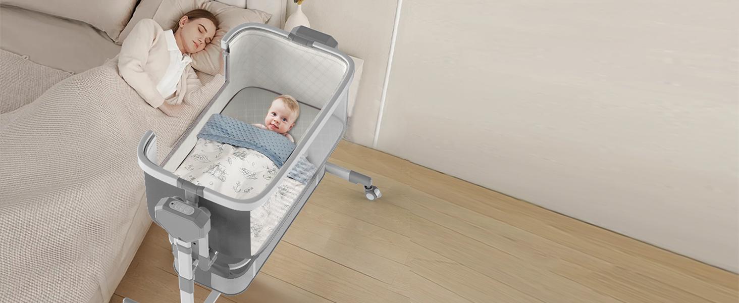 Rocking Bassinet for Baby, Electric Baby Bassinet Automatic 5 Rocking Motion Bassinet Bedside Sleeper for Newborn,  Auto Rolling Baby Cradle 6 Height Adjustable with 4 Lullabies