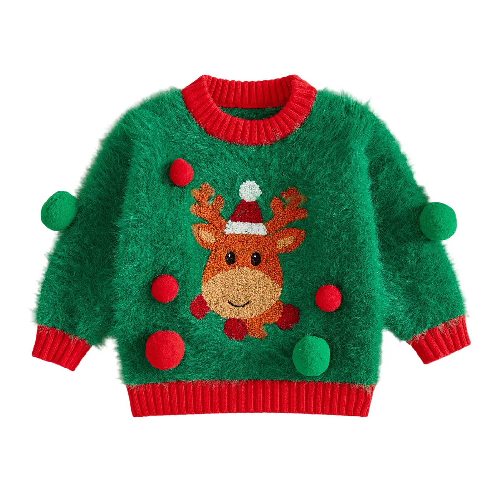 Meihuida Toddler Baby Little Boy Girl Christmas Furry Sweater Long Sleeve Reindeer Plush Ball Decor Tops Knit Pullover Winter Clothes 6M-4T
