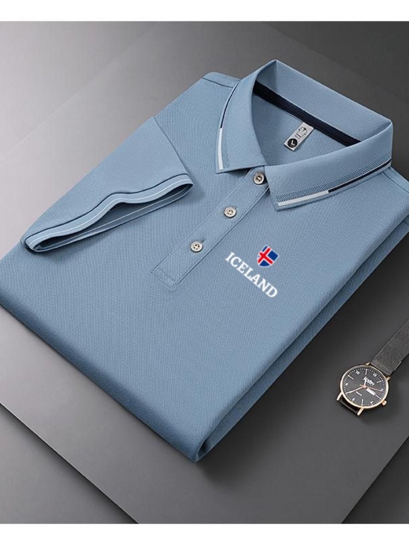 Men's Casual Summer Print T-Shirt with Iceland Flag, Fashion Short Sleeve Top, Geometric Design, Lightweight Breathable Polo Shirt