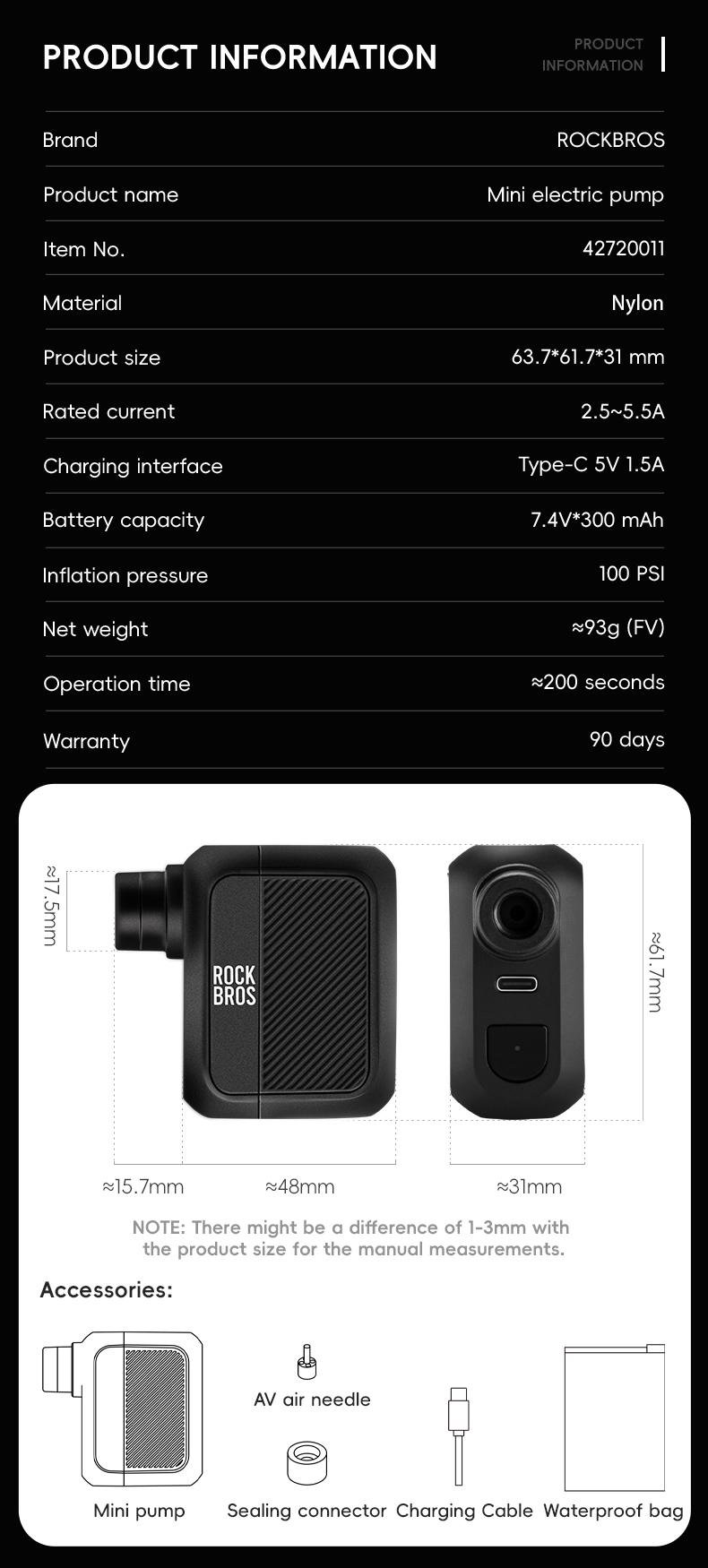 ROCKBROS Bicycle Tiny Electric Air Pump Lightweight 100Psi MTB Road Bike Air Pump Portable AV/FV Inflator Pump For Emergency Outdoor Cycling Bicycle Accessories