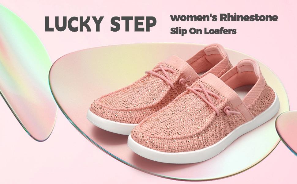 LUCKY STEP Women's Rhinestone Lace Up Loafers Shoes Comfortable Slip On Mesh Knit Walking Shoes Fashion Lightweight Sparkly Glitter Sneaker