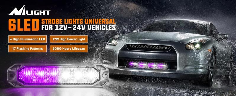 Nilight 6 LED Strobe Lights – 4PCS Ultra Slim Surface Mount Hazard Warning Light Bar | Synchronized Purple & White Flashing Kit | 12–24V for Trucks, Cars, ATVs, SUVs & UTVs