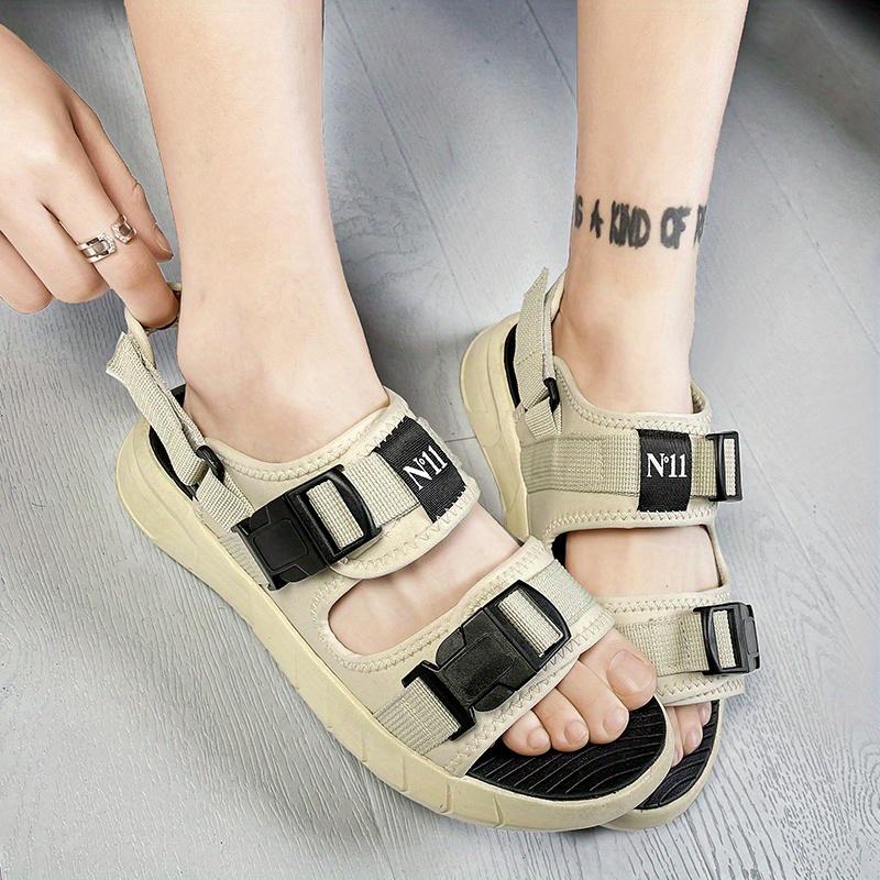 Men's sports sandals and slippers - beige fabric upper, black straps and buckles, TPR sole, Velcro closure, comfortable outdoor sports shoes for all-day wear