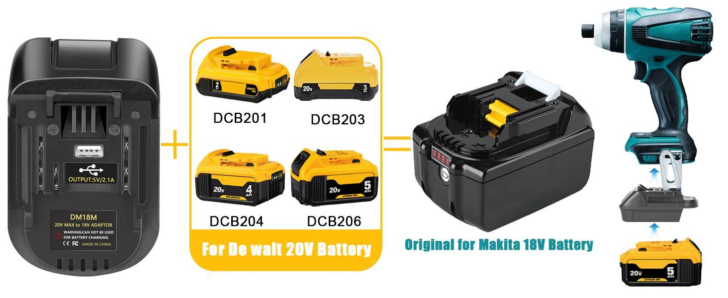 KUNLUN DM18M Converter Battery Adapter with USB Charging Socket for Dewalt 20V Battery & Milwaukee M18 18V Lithium Battery Converter to Makita 18V BL1830 BL1840 BL1850 Cordless Tools Use(Bare Adapter Only)