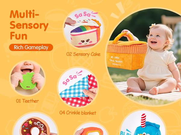 Hahaland Baby Toys 6-12 Months – Picnic Basket Sensory Toy with Crinkle, Rattles, Teether & Mirror, Montessori Play Food Plush for Early Development, Baby Shower Gift for 1+ Years Boys & Girls