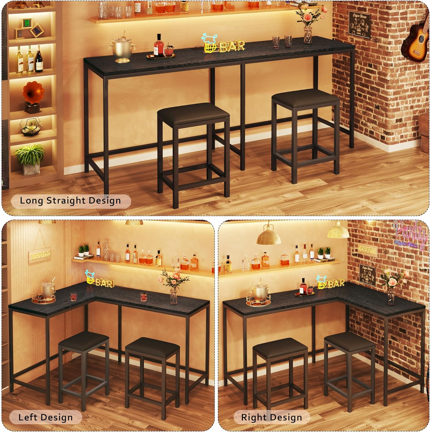 Bar Table and Chairs Set for 2-4, 63'' Convertible L-Shaped Kitchen Table with Power Outlets, 3 Piece Counter Height Small Dining Table with 2 Stools, Space Saving, Breakfast Nook Corner, Black