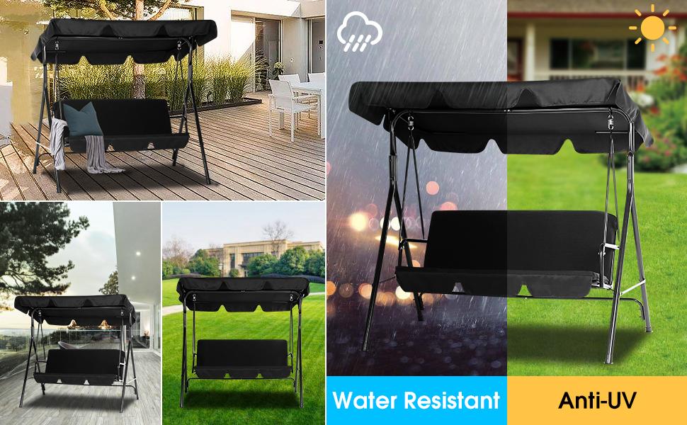YODOLLA Patio Swings Outdoor, 3-Seat Glider Patio Swings with Removable Cushion and Adjustable Canopy, Porch Bench for Garden, Poolside&Backyard, Black