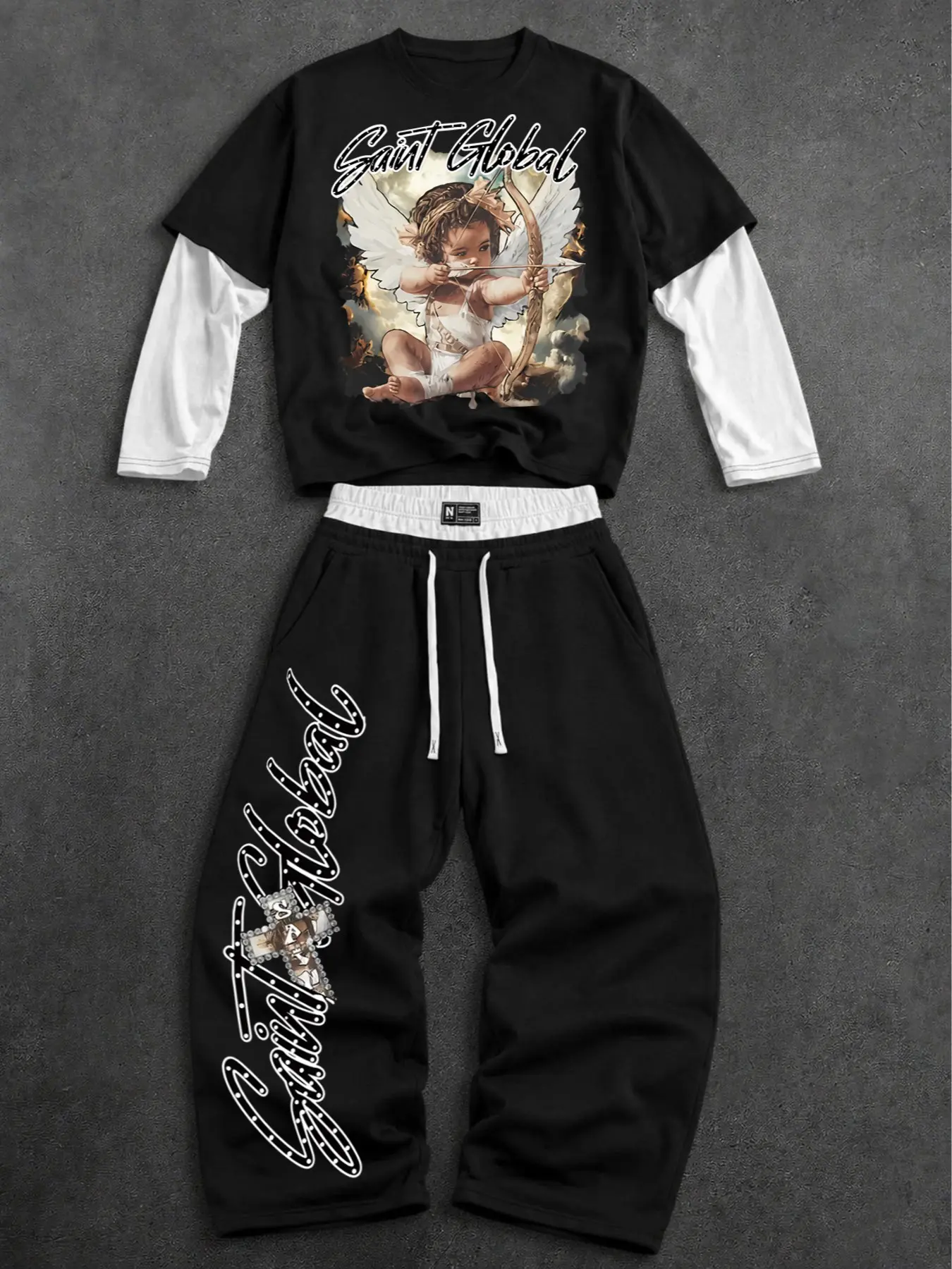 Unisex Y2K Retro Chicano Streetwear Matching Set Vintage Cupid Angel Graphic Fake Two Layer Long Sleeve Top Double Waistband Drawstring Wide Leg Joggers Soft Casual 2 Piece Outfit Teen Daily School Travel Urban Hip Hop Tracksuit