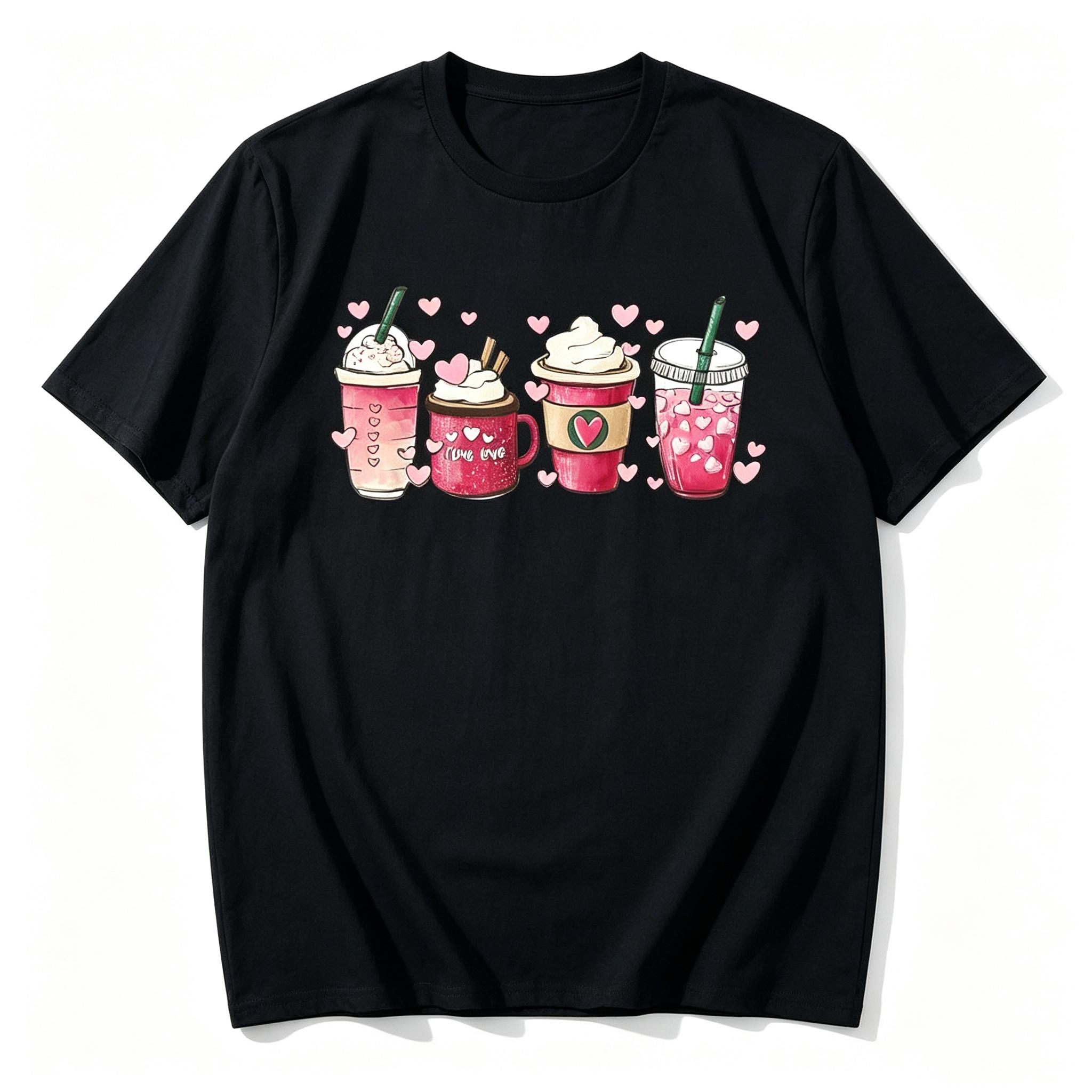 Valentine Heart Coffee Drink Cup Graphic Tee Cute Romantic Coffee Lover Casual Streetwear Women Top Valentine's Day Gift