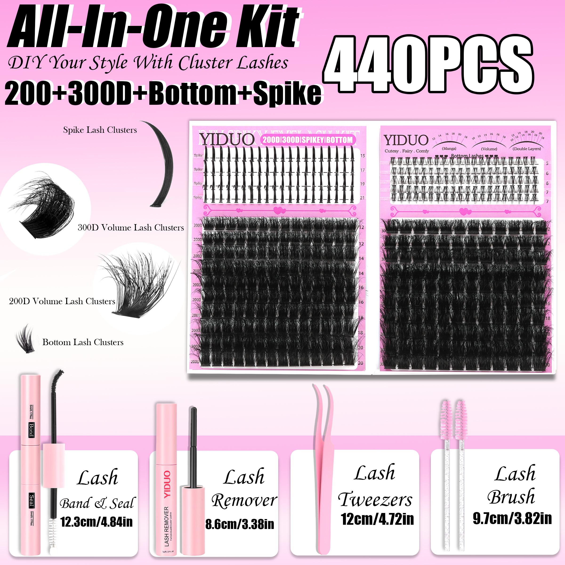 YIDUO 4 Styles DIY Volume Eyelash Cluster Kit, 200D/300D/Bottom/Spike Lashes, 5-20 mm D-Curl Eyelash Extensions Kit 440 Pcs with Lash Bond and Seal, Lash Remover, Lash Tweezers and Eyelash Brush for Easy DIY at Home