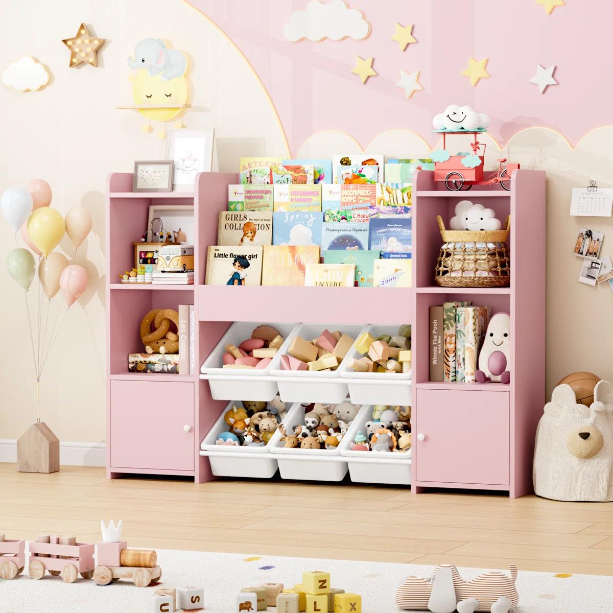 FOTOSOK Toy Storage Organizer with 6 Toy Bins, Toy Organizer Kids Bookshelf with 6 Cubbies, Multifunctional Floor Storage Chest for Playroom