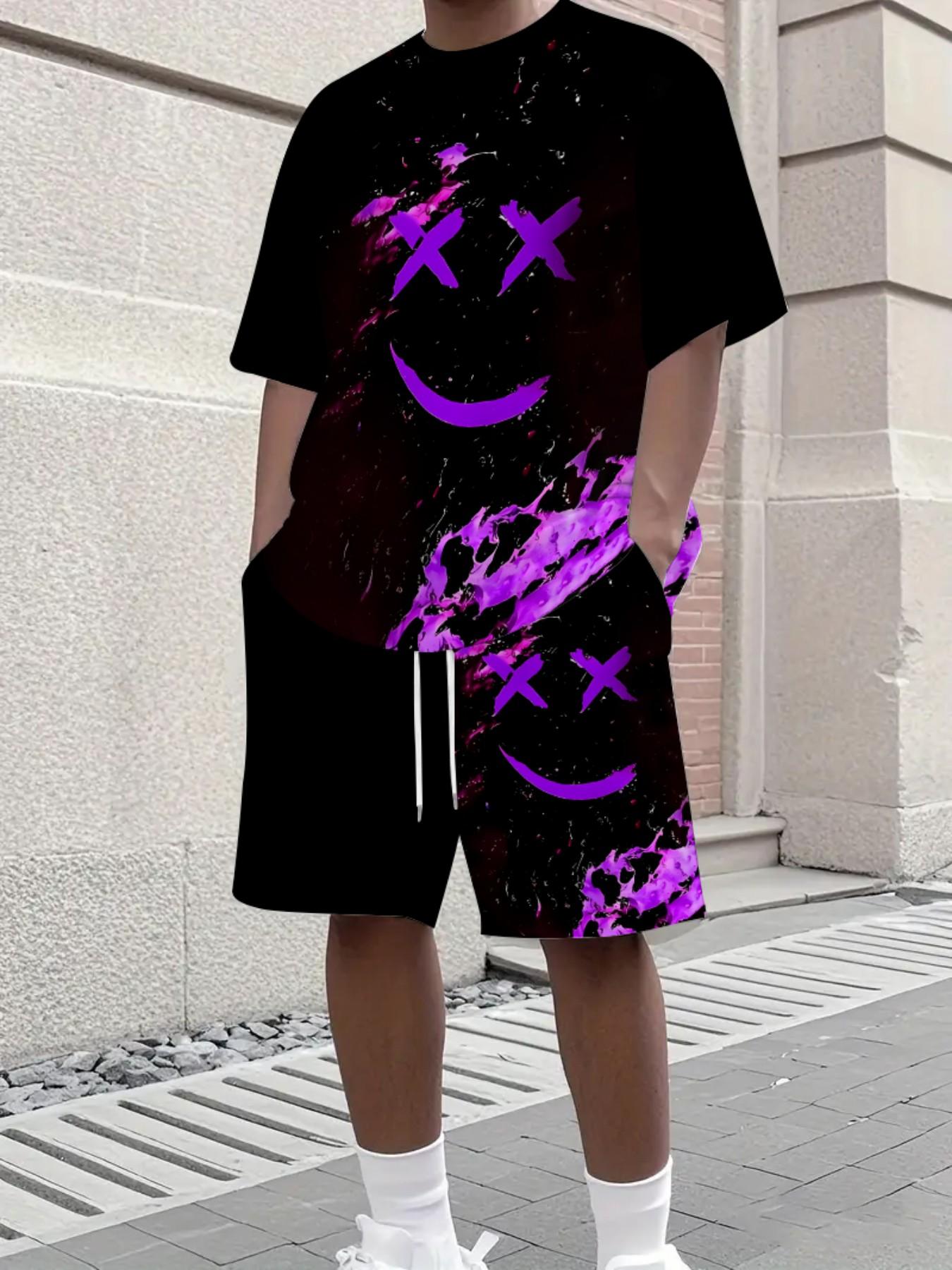 Men's Summer Gaming Set, Fitted Set, Short Sleeve Tee and Shorts, Knee-Length, Casual Slim-Fit, Print Pattern, All-Season Fashion, Menswear