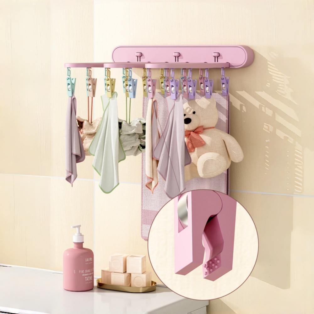 Folding Clothes Drying Rack - Wall-mounted Clothes Hanger with Clips, Space-saving Vertical Drying System, Suitable for Indoor / Balcony / Shower Room Use.