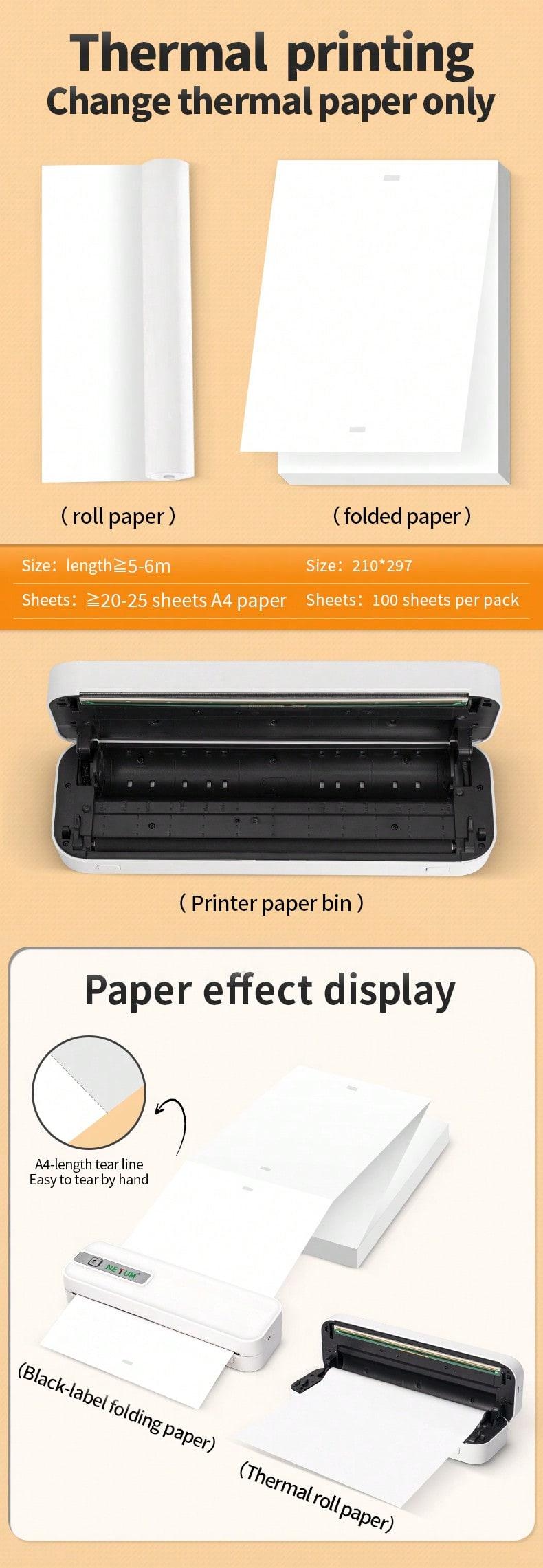 Portable Wireless Inkless Printer, Bluetooth-compatible Thermal Printer Compatible with iOS Android Laptop, Supports Us Letter and A4 Paper