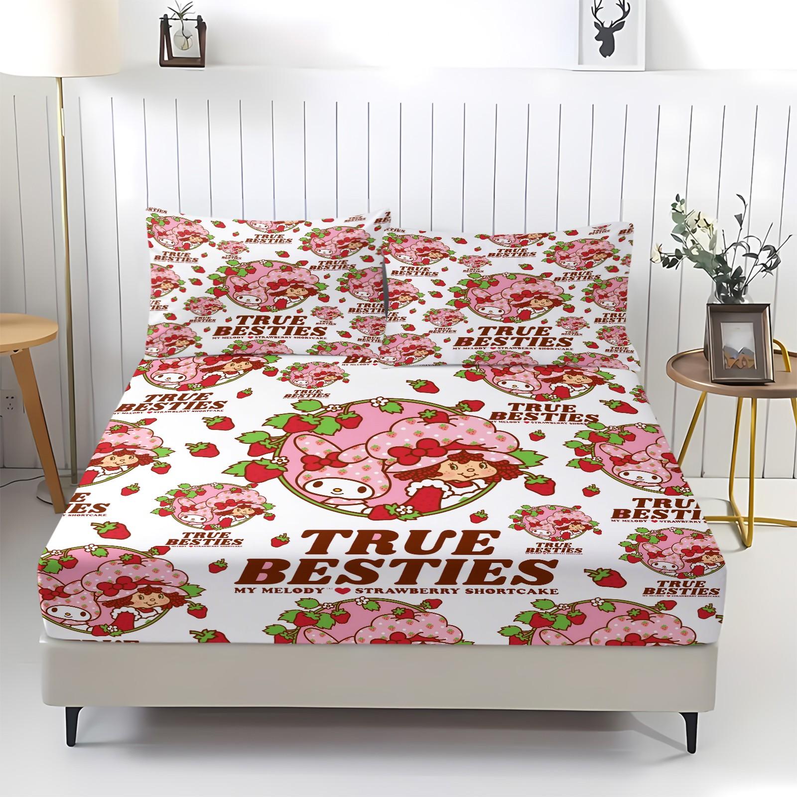 Q Version Strawberry Sweetheart Cartoon Fitted Sheet Set & 2 Pillowcases No Core, Wavy Stripe Design Paired with Cute Cartoon Characters, Soft Anti-Slip Wrinkle-Resistant, Girls' Bedroom Decor, Gift Choice