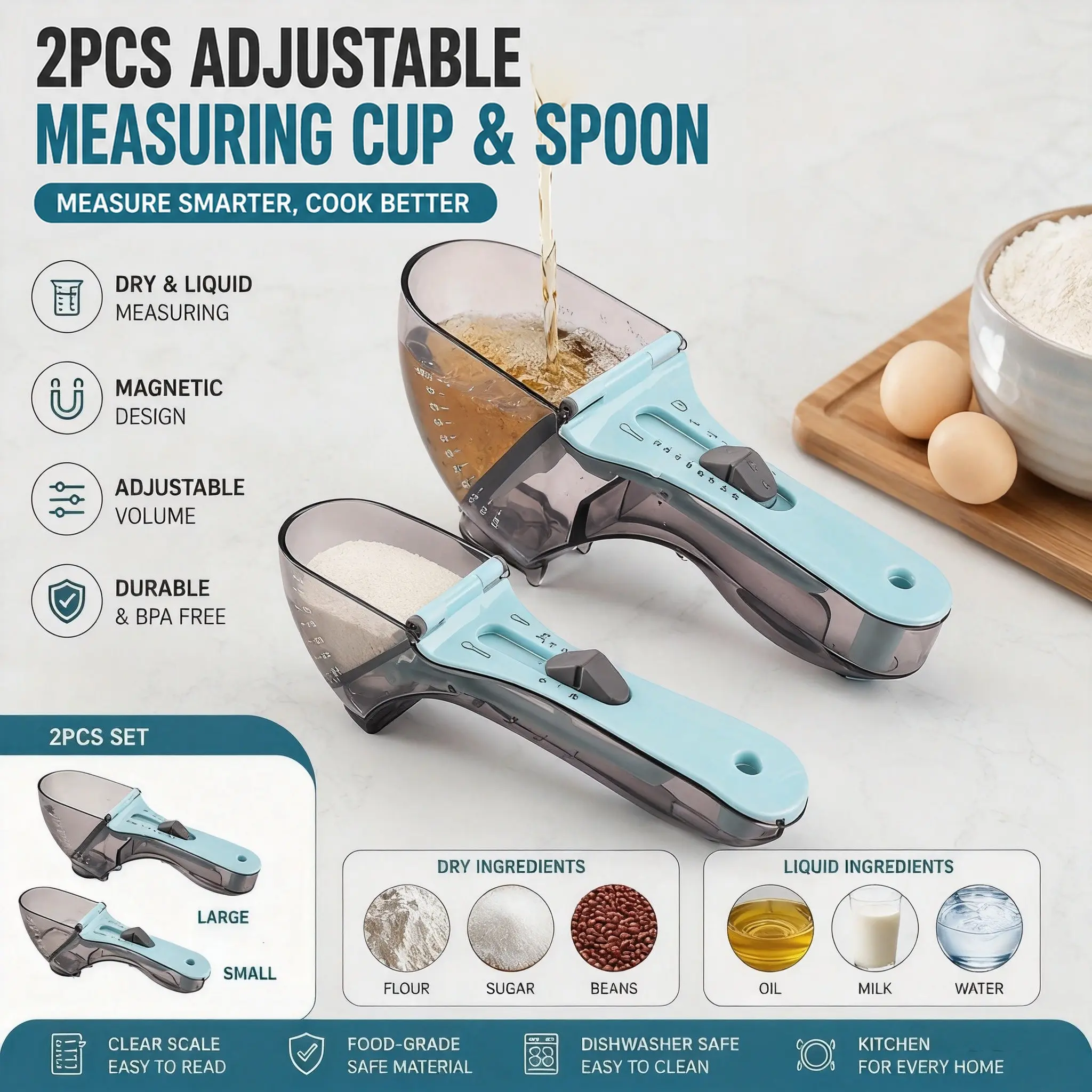 Adjustable Measuring Cup & Spoon (2pcs/set), Magnetic Measuring Spoon & Measuring Cup, Kitchen Measuring Utensils for Dry & Liquid Ingredients, Food Measuring Tool
