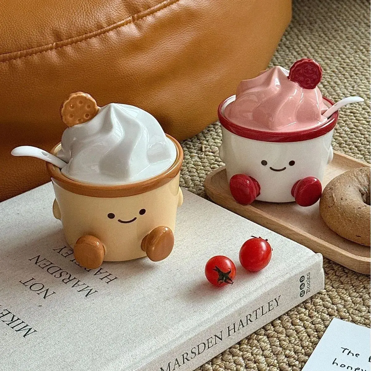 Ceramic Chili Jar Cartoon Cute Seasoning Jar Set with Spoon Salt MSG Jar Lid Storage Box Home Storage Jar Desktop Decoration New