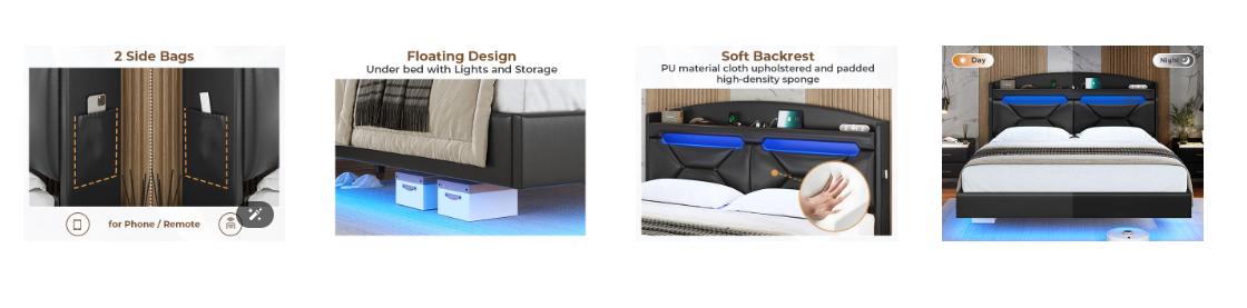 Sikaic RGB LED Floating Platform Bed Frame with Type-C Charging Station & Storage Headboard PU Black