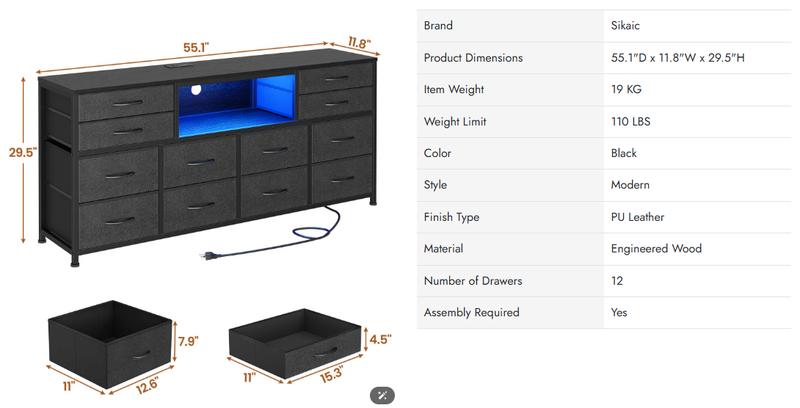 Sikaic 55 inch LED TV Stand Dresser with Power Outlets and 12 Drawers PU Black Furniture Storage Organize Living Room Modern Design Organization Organizing