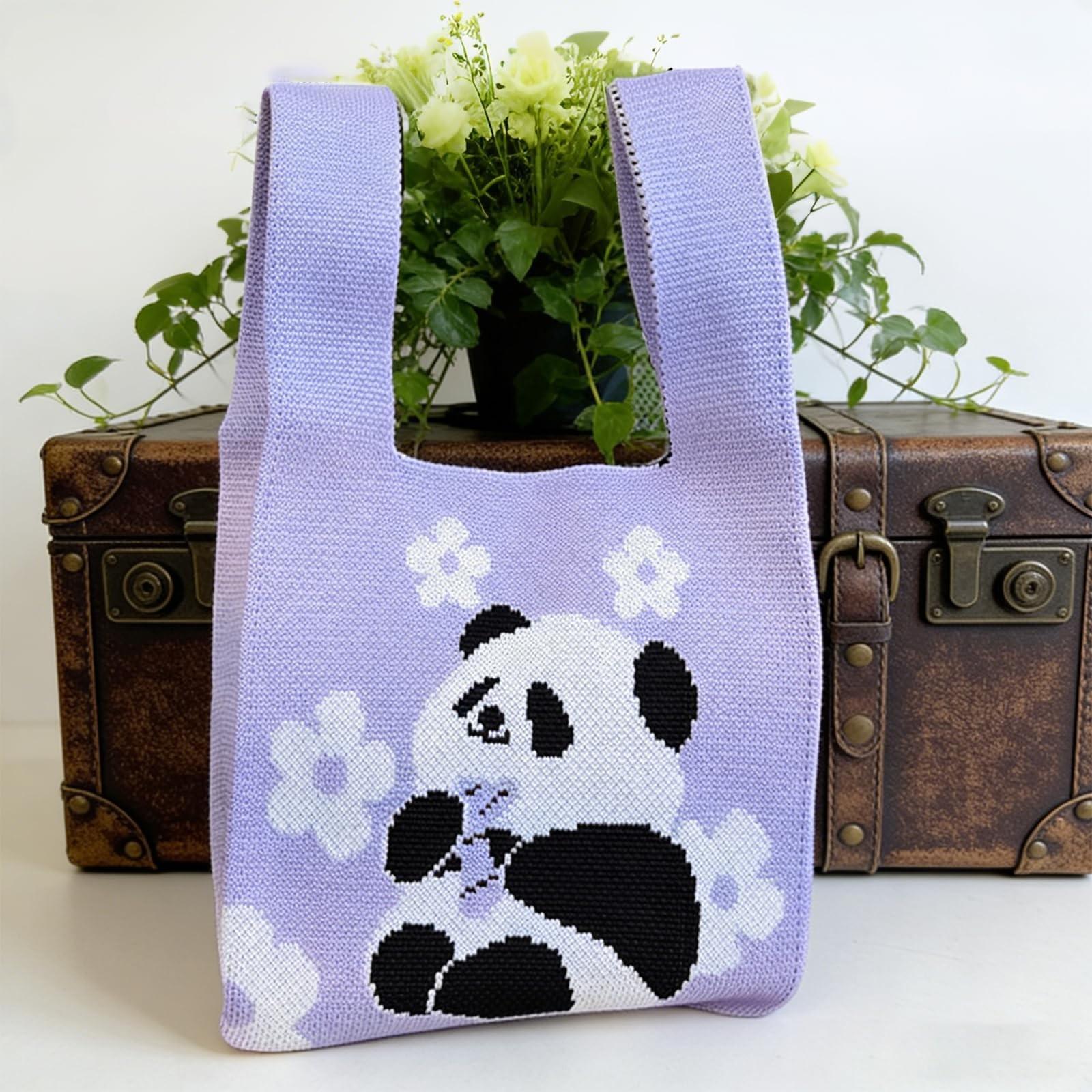 Cute Panda Pattern Handbag, Durable and Fashionable Knit Bag, Suitable for Women, Beach Bag, Makeup Bag, Crochet Bag