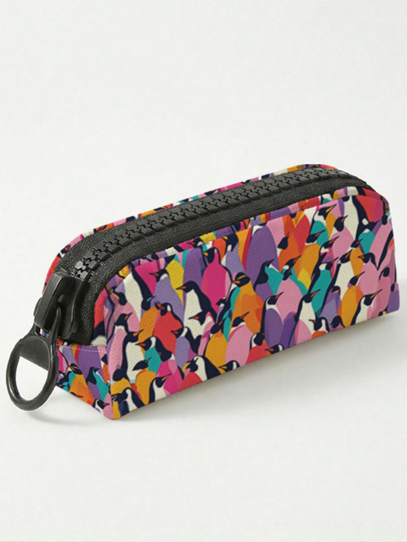 1 piece of colorful penguin pattern 2D printed large zipper pencil case, storage bag, spacious zipper makeup bag school supplies and stationery, durable polyester