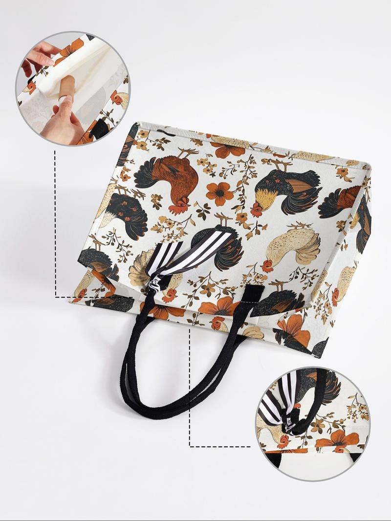 Large Capacity Rooster Print Storage Bag, Durable Handle, Space Saving Multi-Purpose, Ideal for School, Travel, Shopping, Reusable Grocery Bags