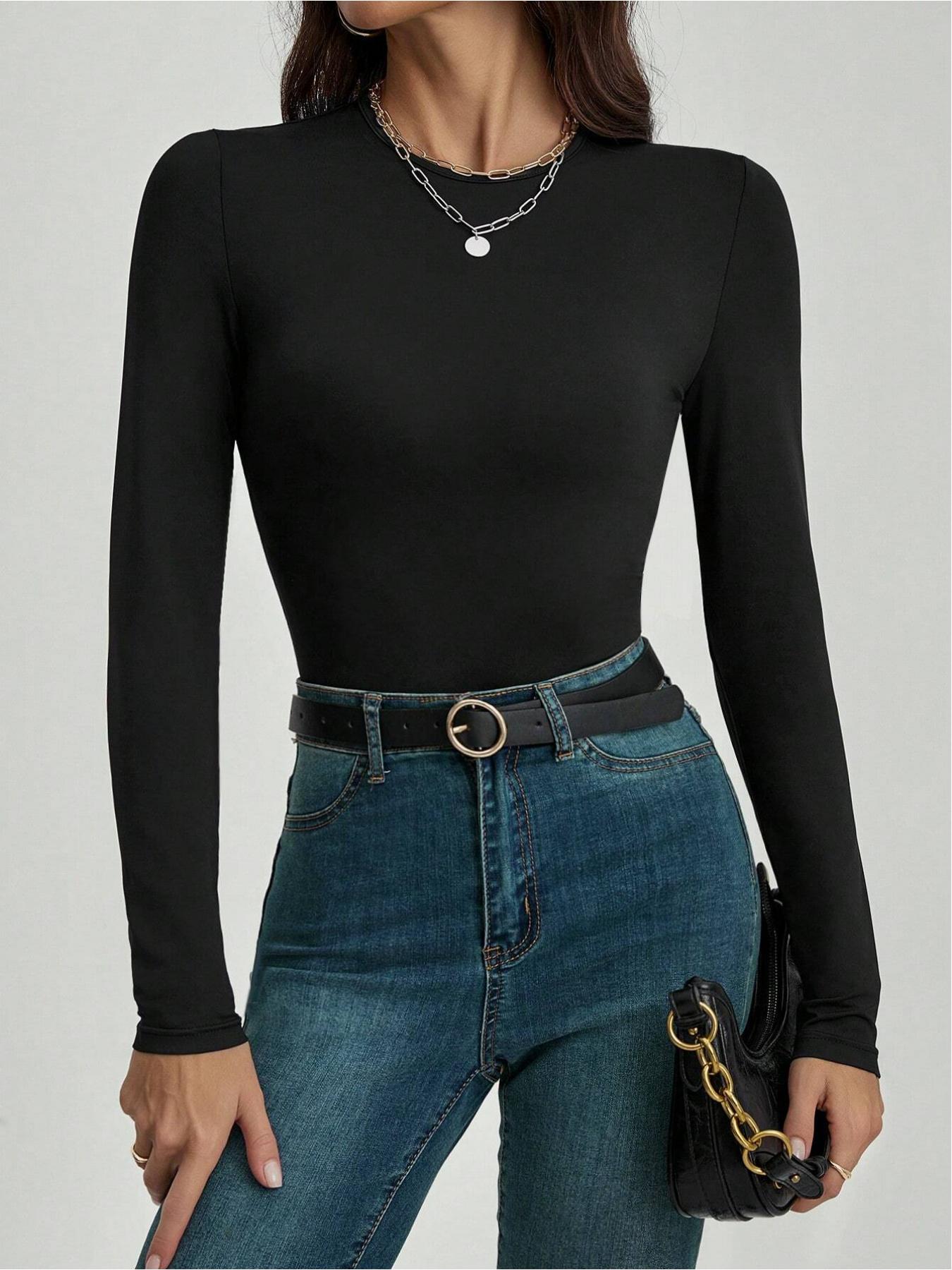 Women's Autumn Basic Solid Color Versatile Fitted Long Sleeve Bodysuit, Slim Fit Design, Suitable for Home, Sports, Work, Shopping, Gatherings and Bars.