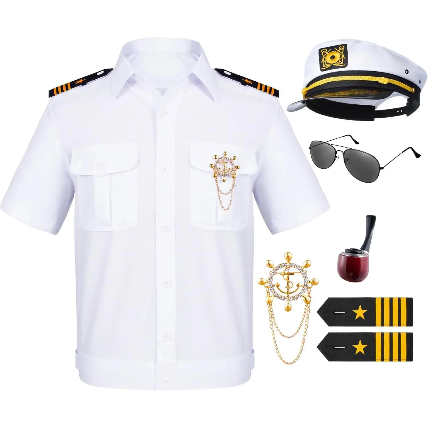 6PCS Men's Yacht Captain Sailor Costume Set Adult Shirt Hat Accessories Party CosplayGift