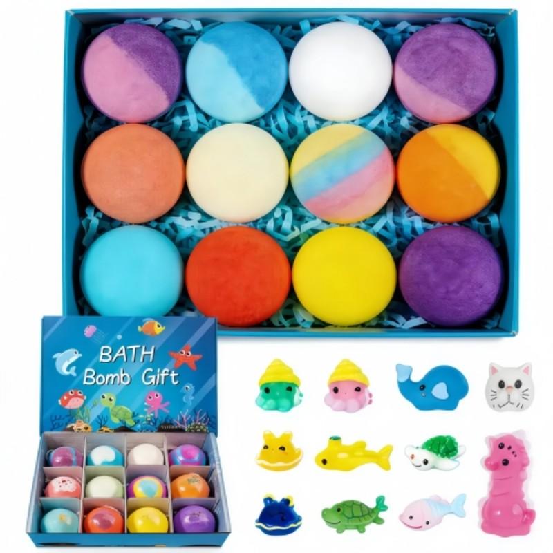1box，Children Bath Ball Gift Box Set with Surprise Toy, Gentle Bubble Bath Foam Balls, Natural Safe Kids Bath Toys, Unisex Baby Shower Essentials