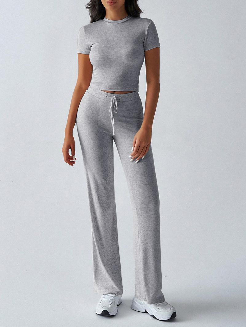 Women's Slim Fit Cropped T-Shirt & High-Waisted Flared Pants Sportswear Set, Casual All-Season, Perfect for Daily Wear