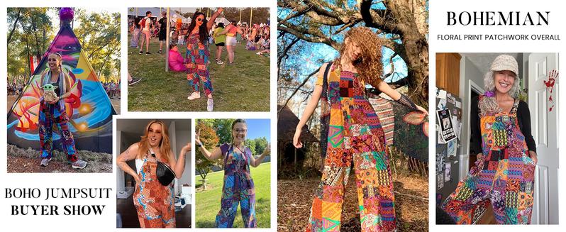 Tanming Women's Patchwork Dual Pocket Jumpsuit Loose Floral Print Bohemian Wide Leg Bib Overall Springfresh