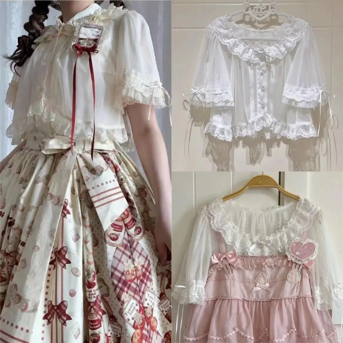 Cute Dark Lolita Lace Patchwork Shirt Women Large Bow Flare Long Sleeve Ruffle Frill Japanese Street Daily Blouse Top