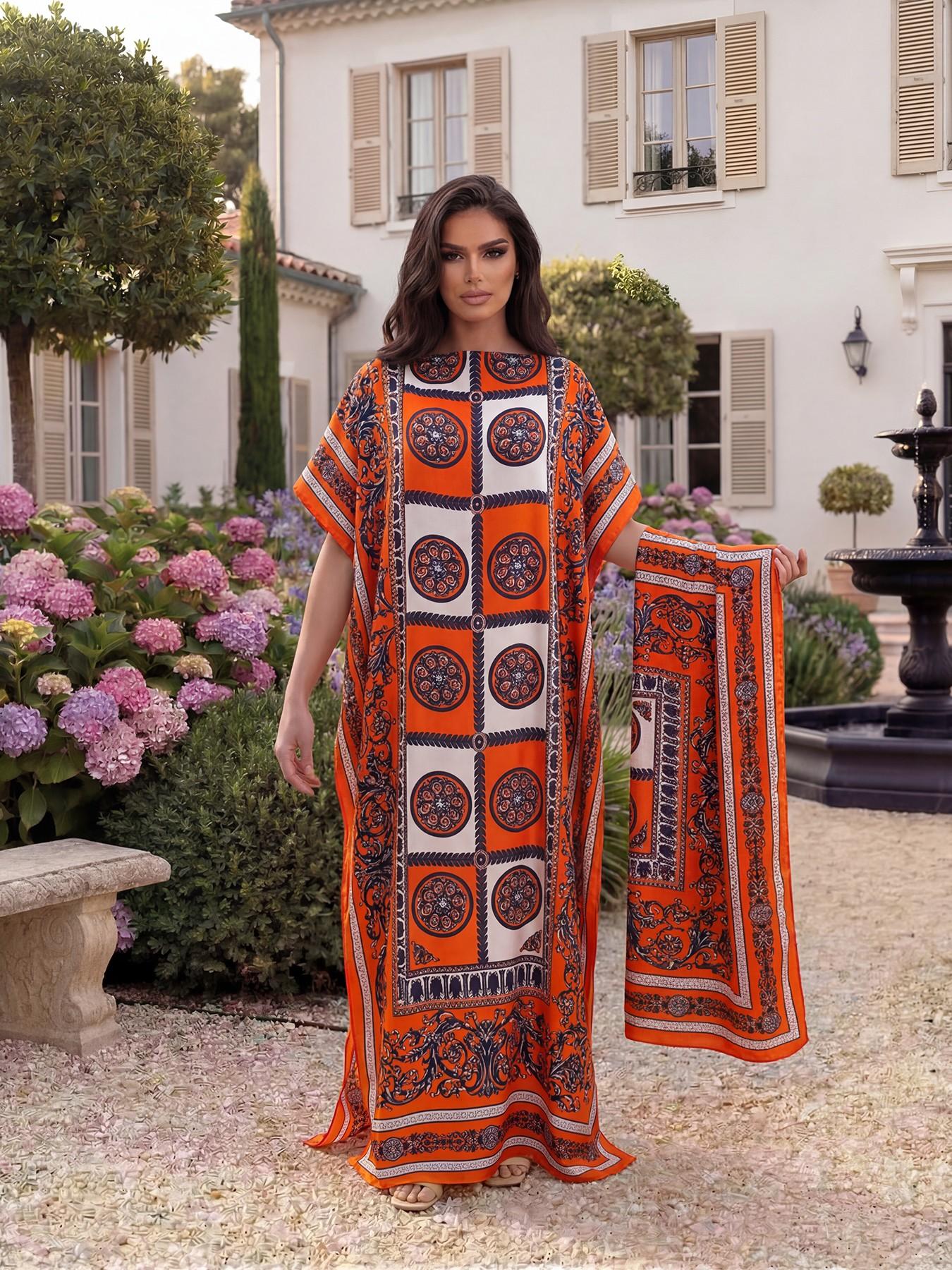 Women's Boho Style Long Robe Set, Fitted All-Over Print Shawl Dress, Sun Protection Silk Scarf, Beachwear for All Seasons