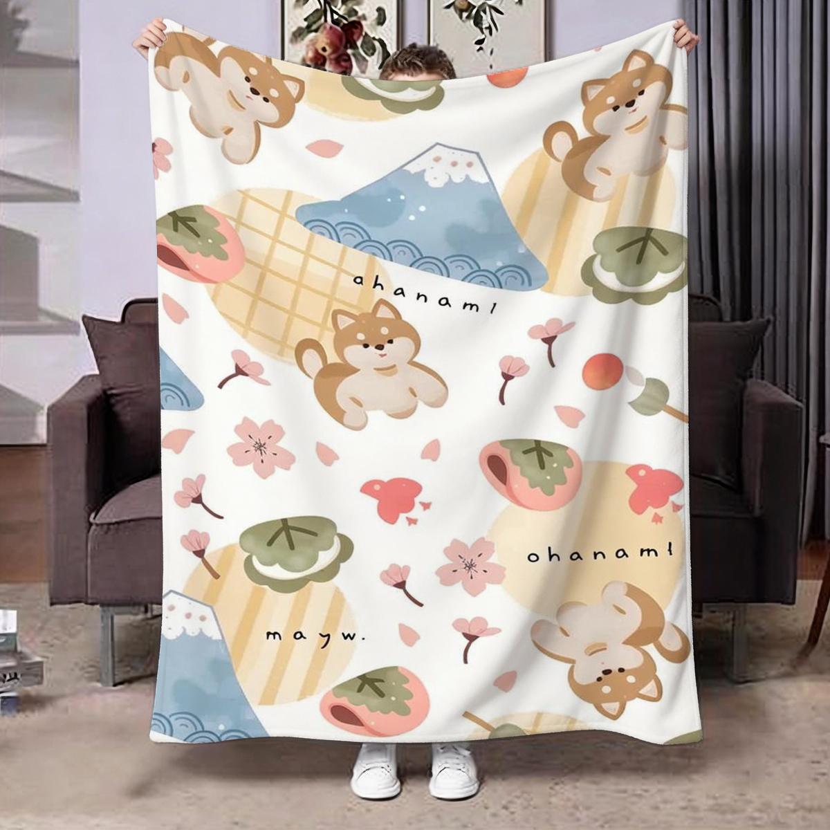 Cute Puppy Cherry Blossom Print Blanket, Soft Skin-Friendly Portable Throw, Ideal for Bedroom, Sofa, Office, Outdoor, Gift
