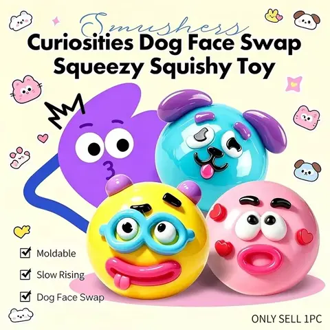 NEW Smushers Squishy, Curiosities Dog Face Swap Squishy Toy, Soft Moldable Cute Slow Rise Squeeze Toy, Relaxing Sensory
