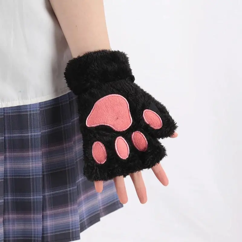 Kawaii Fluffy Cat Paw Plush Half Finger Gloves Women Soft Warm Cat Claw Short Mittens Winter Lolita Cosplay Typing Gloves