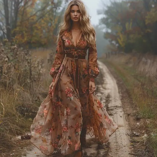 2026 Long Sleeve Digital Print V-Neck Long Dress