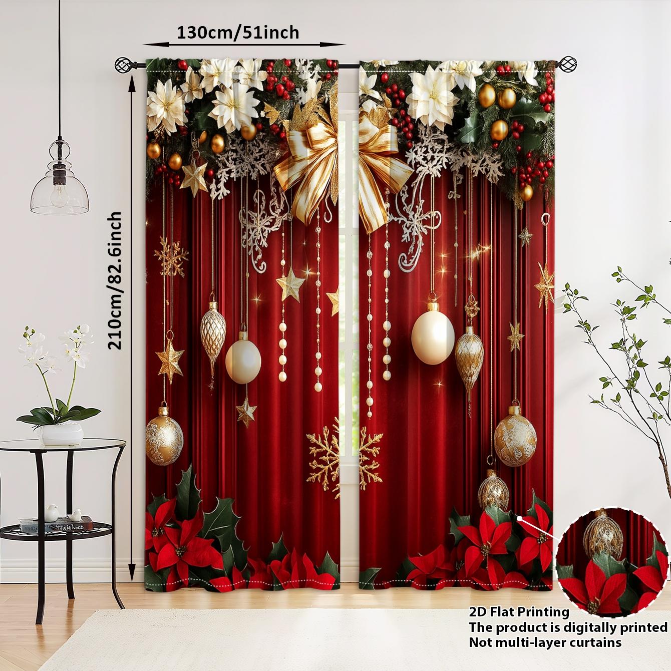 Christmas Theme Curtains Set, Window Curtain, Velvet Fabric with Gold Snowflakes & Colorful Balls, Festive Home Decor for Living Room Bedroom
