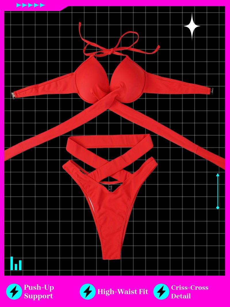 Women's Solid Sexy Criss Cross Bikini Set, Casual Halter Tie Back Swim Bra & High Waist Swim Panty, Push Up Swimsuit for Women, Summer Lace-Up Swimsuit For All Season, Two Piece Bandage Bathing Suits 2026,Fitted Cut-Out Beachsuit, Criss Cross Swimsuits .